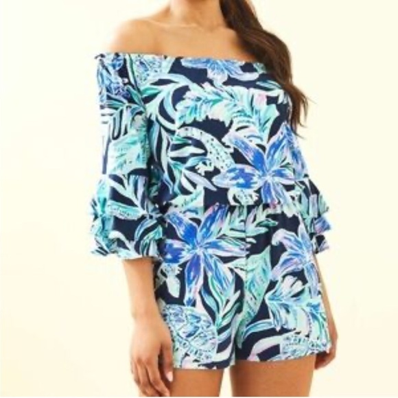 Lilly Pulitzer Blue Teal Calla Off The Shoulder Romper - Picture 4 of 14